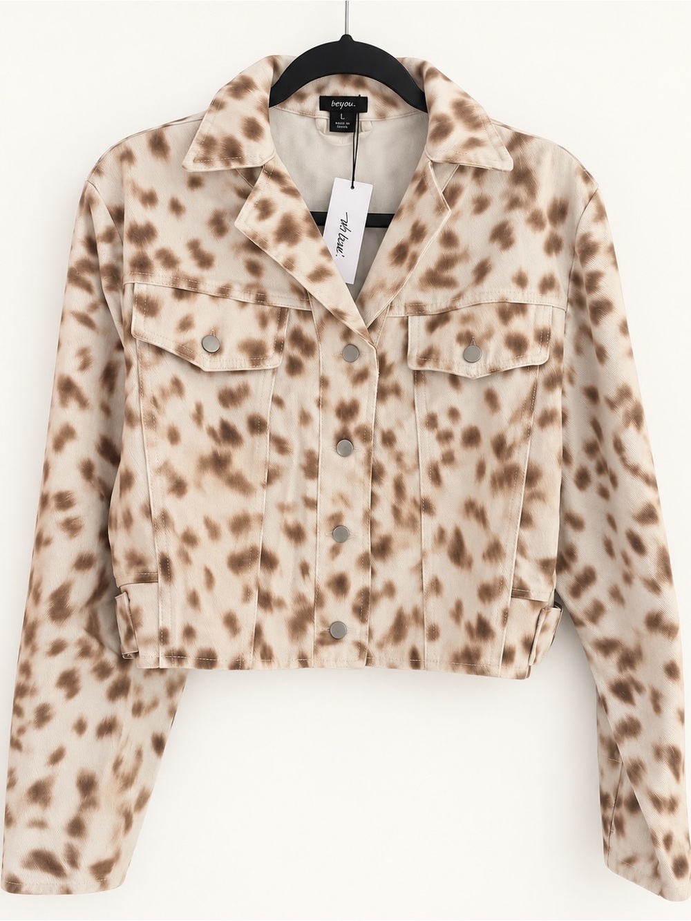 NASTYGAL Cream & Brown Leopard Print  Cropped Denim Jacket